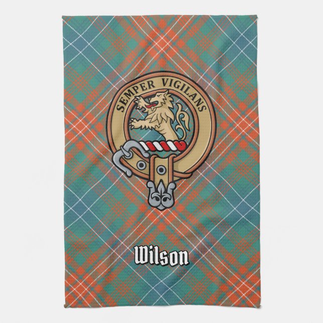 Clan Wilson Wappen über antikes Tartan Geschirrtuch (Vertikal)