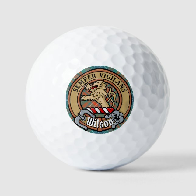 Clan Wilson Wappen über antikes Tartan Golfball (Vorderseite)