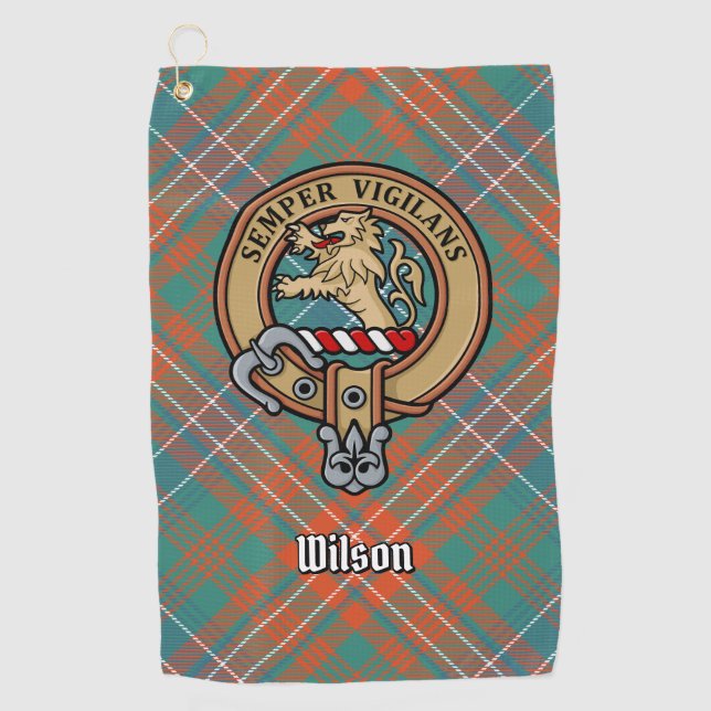 Clan Wilson Wappen über antikes Tartan Golfhandtuch (Vorderseite)