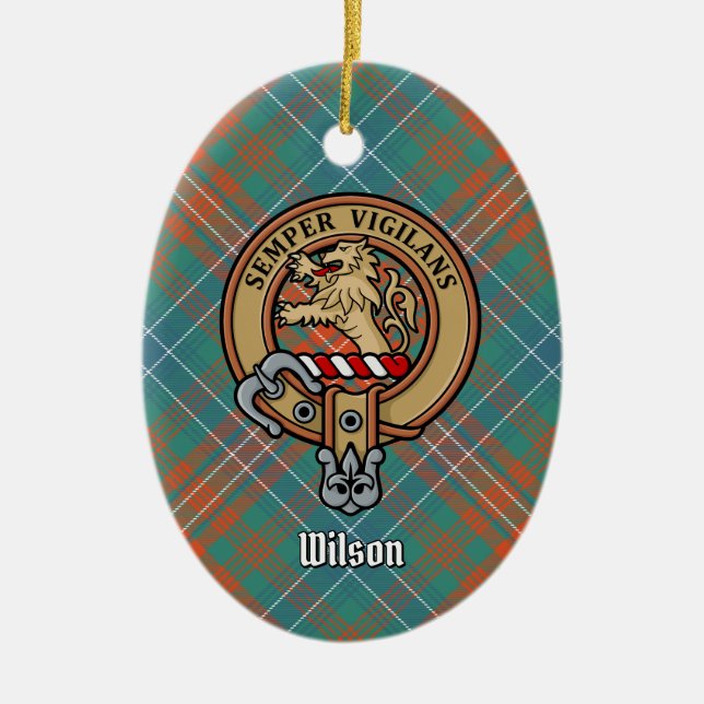 Clan Wilson Wappen über antikes Tartan Keramik Ornament (Vorne)
