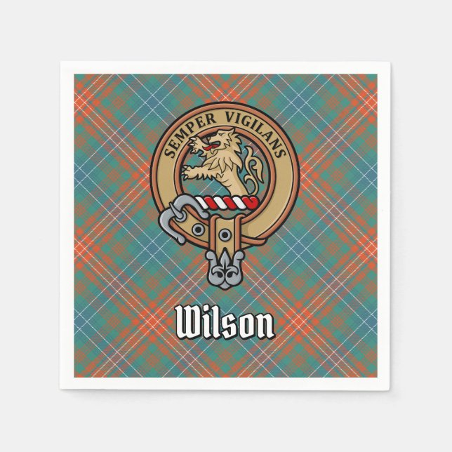 Clan Wilson Wappen über antikes Tartan Serviette (Vorderseite)