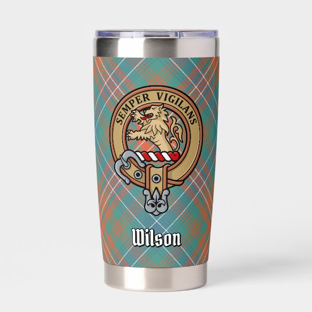Clan Wilson Wappen über antikes Tartan Thermobecher (Vorderseite)