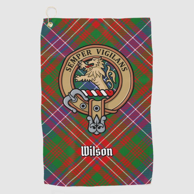 Clan Wilson Wappen über das moderne Tartan Golfhandtuch (Vorderseite)