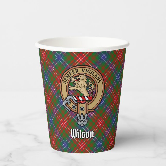 Clan Wilson Wappen über das moderne Tartan Pappbecher (Vorderseite)