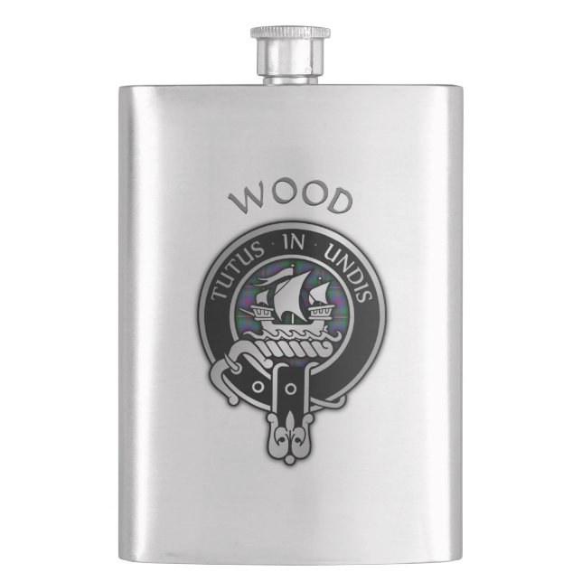 Clan Wood Wappen & Tartan Flask Flachmann (Vorderseite)