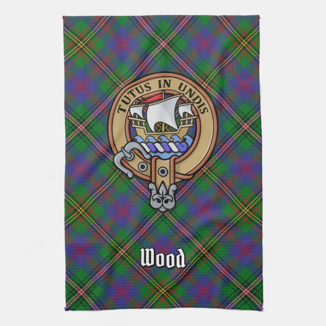 Clan Wood Wappen über Tartan Geschirrtuch (Vertikal)