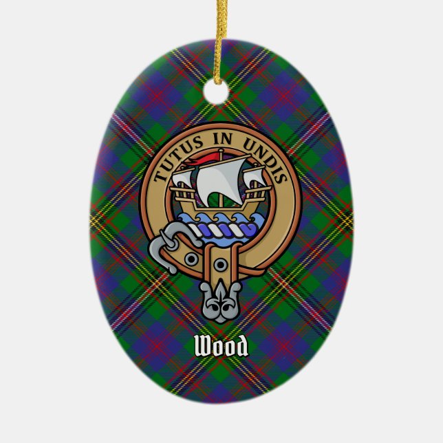 Clan Wood Wappen über Tartan Keramik Ornament (Vorne)