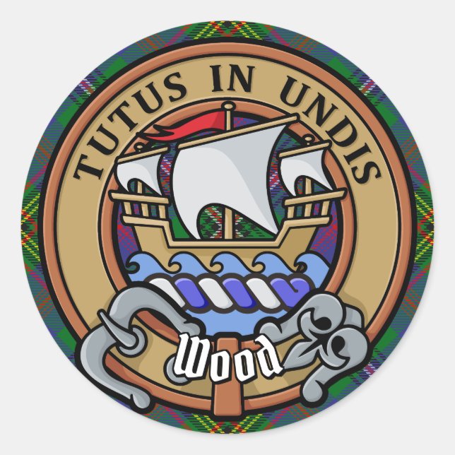 Clan Wood Wappen über Tartan Runder Aufkleber (Vorderseite)