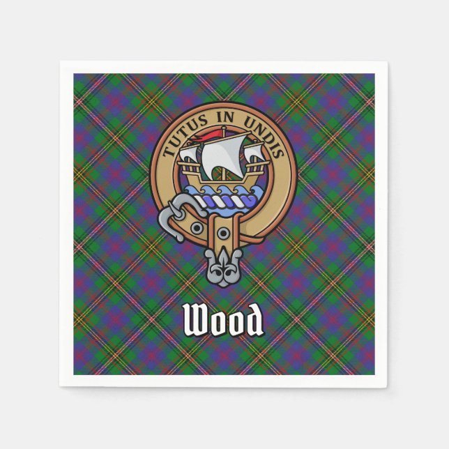 Clan Wood Wappen über Tartan Serviette (Vorderseite)