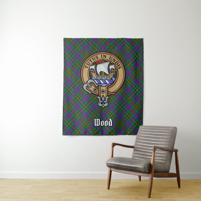 Clan Wood Wappen über Tartan Wandteppich (Beispiel)
