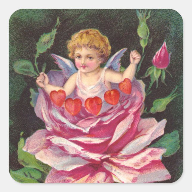 Clapsaddle: Blume Cherub Rose Quadratischer Aufkleber (Vorderseite)