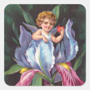 Clapsaddle: Blumen-Cherub Iris Quadratischer Aufkleber