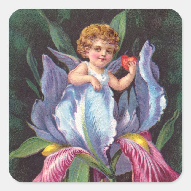 Clapsaddle: Blumen-Cherub Iris Quadratischer Aufkleber (Vorderseite)
