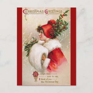 Clapsaddle: Winter-Mädchen mit Stechpalmen-Hut Postkarte