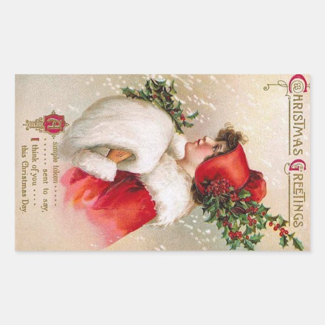 Clapsaddle: Winter-Mädchen mit Stechpalmen-Hut Rechteckiger Aufkleber (Vorderseite)