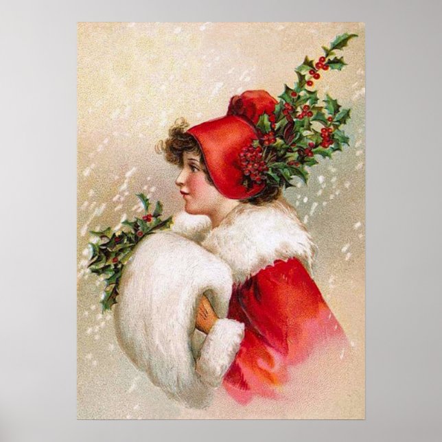 Clapsaddle: Wintermädchen mit Holly Hat Poster (Vorne)