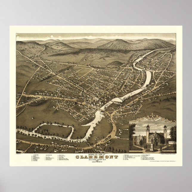Claremont, NH Panoramic Map - 1877 Poster (Vorne)