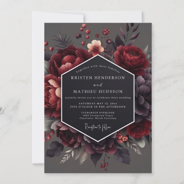 Claret Chiaroscuro Bloom Hochzeit Einladung (Vorderseite)