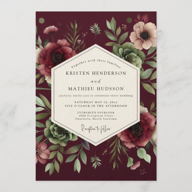 Claret Dramatic Bloom Hochzeit Einladung (Vorderseite)