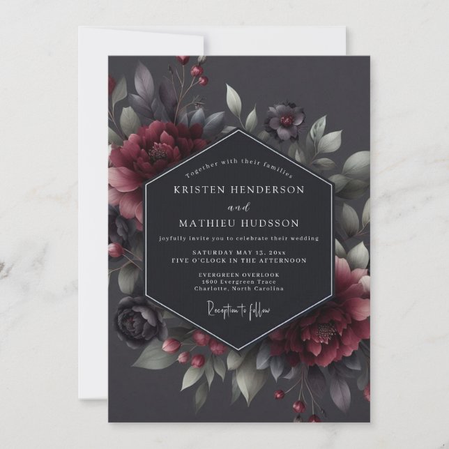 Claret Düstere Flora Hochzeit Einladung (Vorderseite)