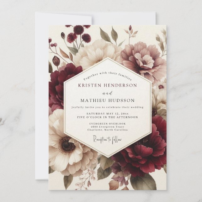 Claret Moody Bloom Hochzeit Einladung (Vorderseite)