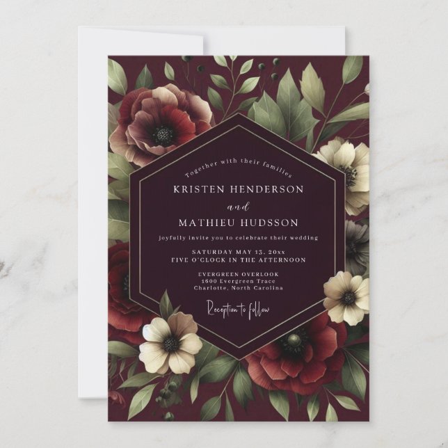 Claret Renaissance Bloom Hochzeit Einladung (Vorderseite)