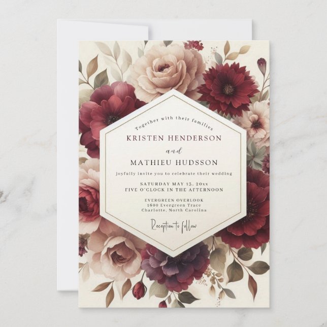 Claret Romantic Bloom Wedding Einladung (Vorderseite)