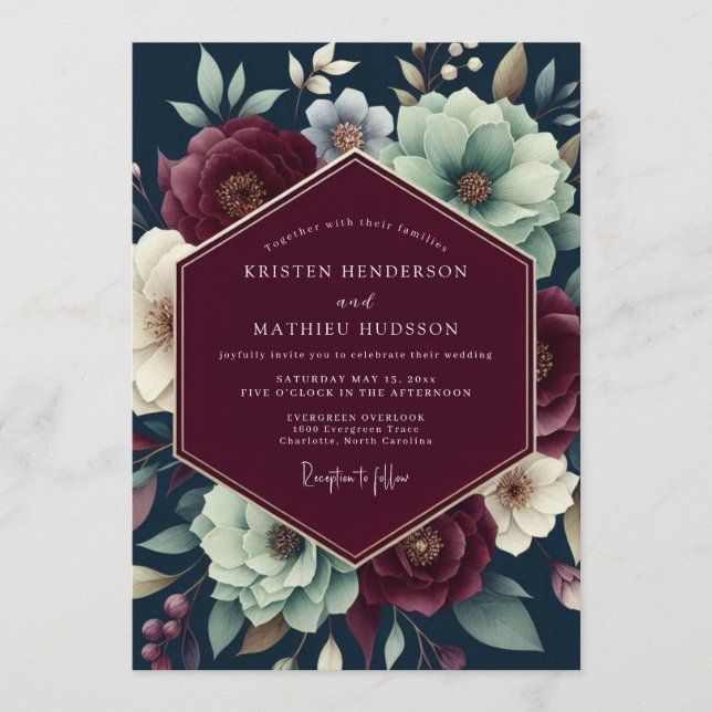 Claret Teal Shadowy Bloom Hochzeit Einladung (Vorderseite)