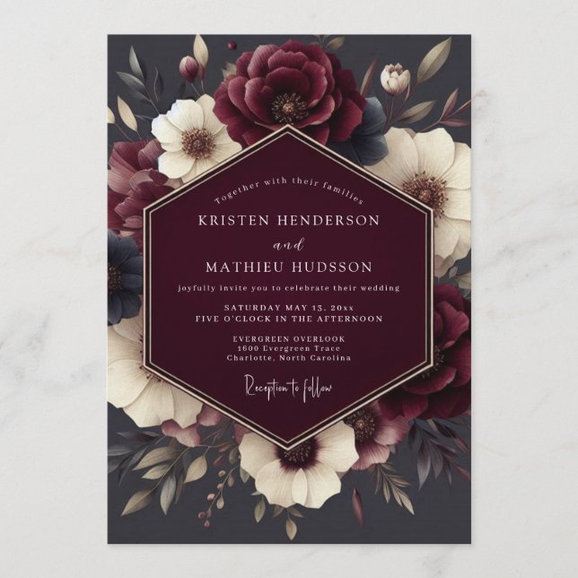 Claret Tenebrous Flora Hochzeit Einladung (Vorderseite)