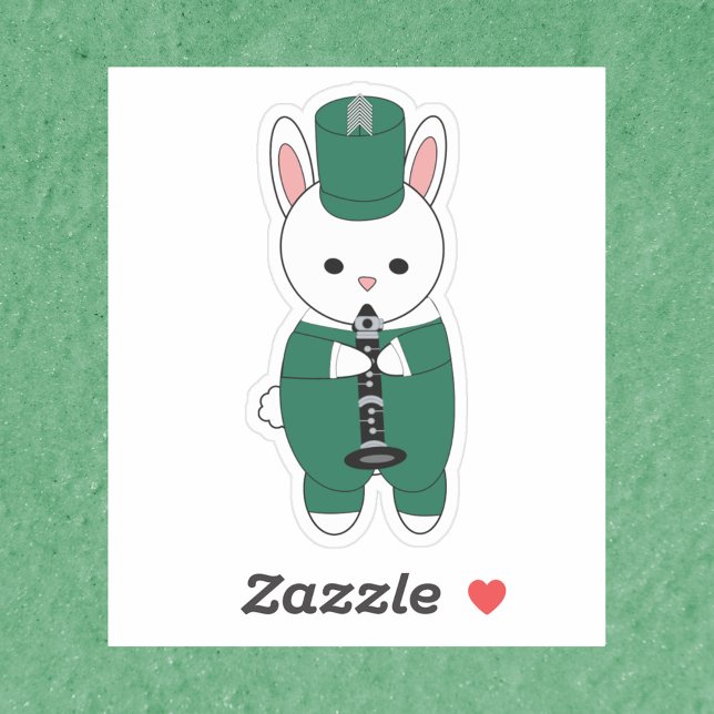 Clarinet Bunny Rabbit Marching Band Grün Weiß Aufkleber (A sticker of a rabbit playing the clarinet in a green and white marching band uniform.)
