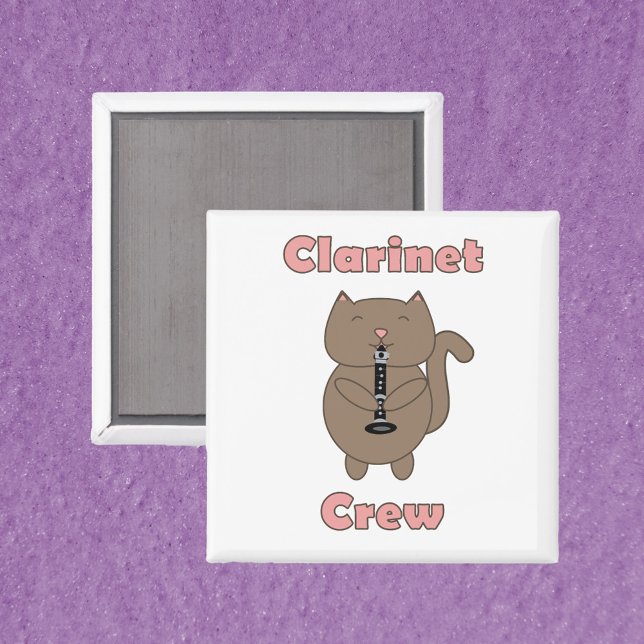Clarinet Crew Pink Cat Brown Funny Magnet (A magnet featuring a cute brown cat playing the clarinet and the words clarinet crew in pink.)