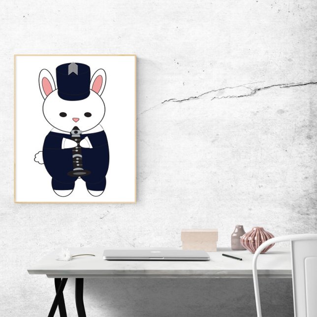 Clarinet Marching Band Rabbit Bunny Navy Blue Poster (A poster of a bunny rabbit playing the clarinet in a navy blue and white marching band uniform.)