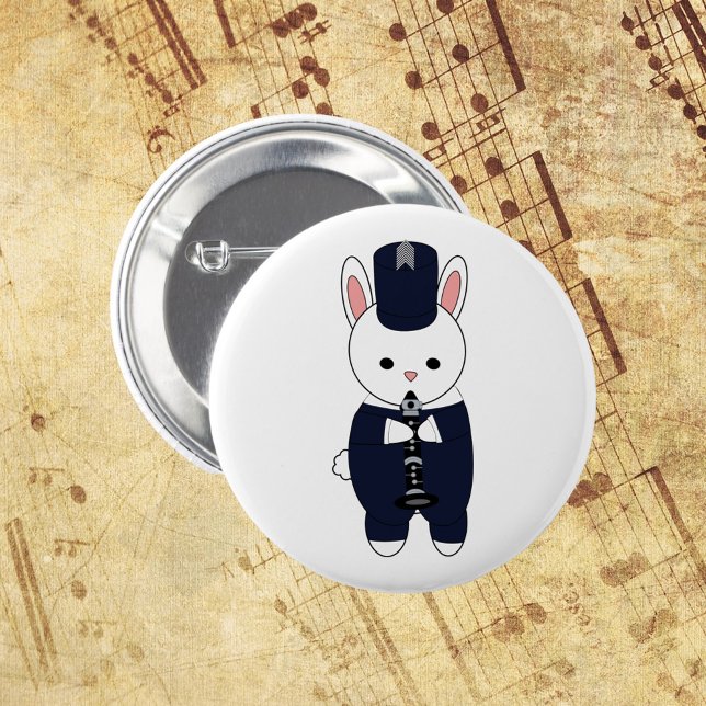 Clarinet Marching Band Rabbit Navy Blue Button (A pin back button with a rabbit playing clarinet in a navy blue and white marching band uniform.)