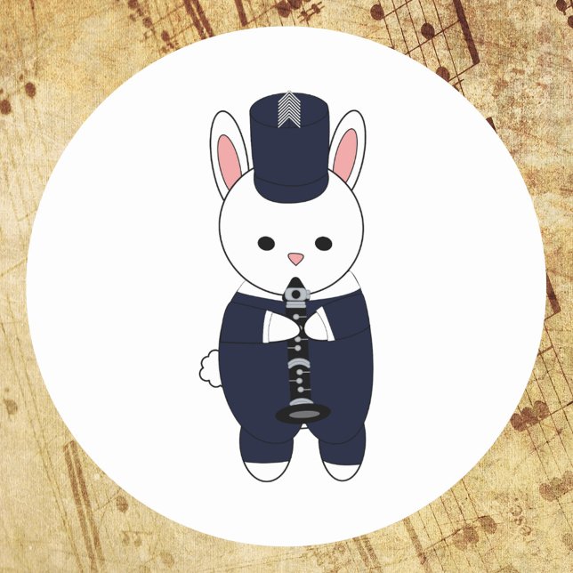 Clarinet Marching Band Rabbit Navy White Runder Aufkleber (A sticker featuring a rabbit playing the clarinet in a navy blue & white marching band uniform)