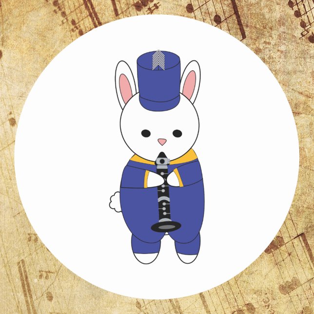 Clarinet Rabbit Marching Band Blue Yellow Gold Runder Aufkleber (A sticker with a rabbit playing the clarinet while wearing a blue & yellow marching band uniform.)