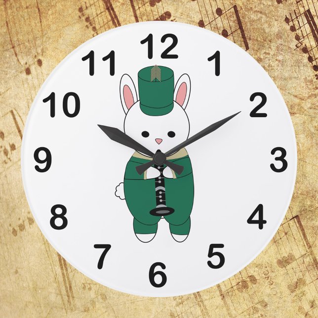 Clarinet Rabbit Marching Band Green Gold Große Wanduhr (A clock with a picture of a rabbit playing the clarinet in a green & gold marching band uniform.)