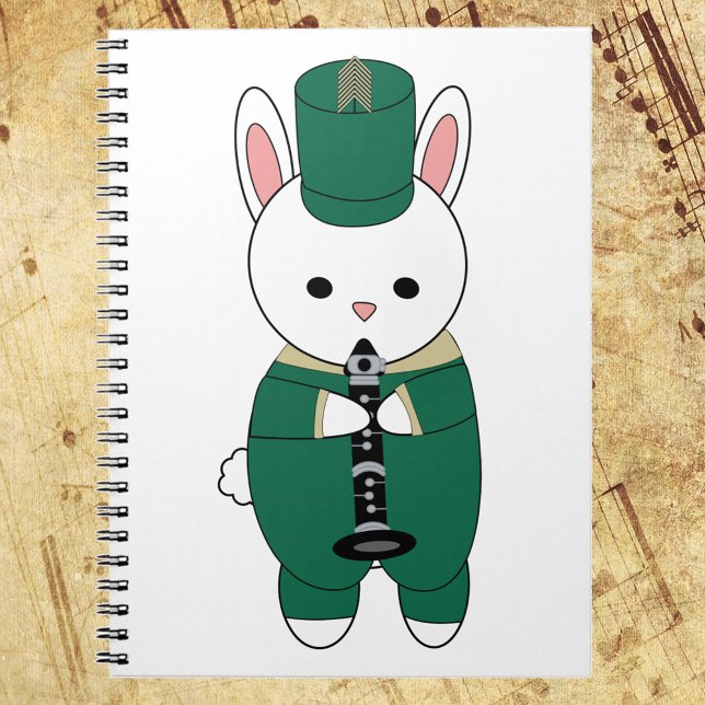 Clarinet Rabbit Marching Band Green Gold Notizblock (A notebook featuring a rabbit playing the clarinet wearing a green and gold marching band uniform.)