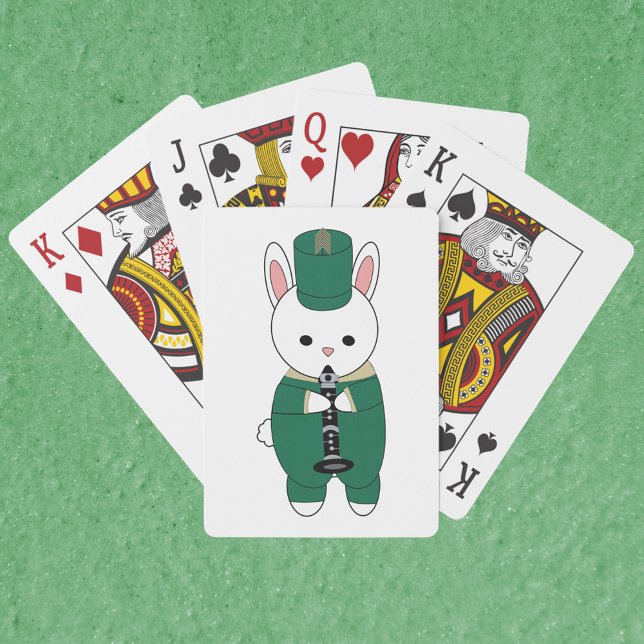 Clarinet Rabbit Marching Band Green Gold Spielkarten (A deck of cards with a rabbit playing the clarinet in a green and gold marching band uniform.)
