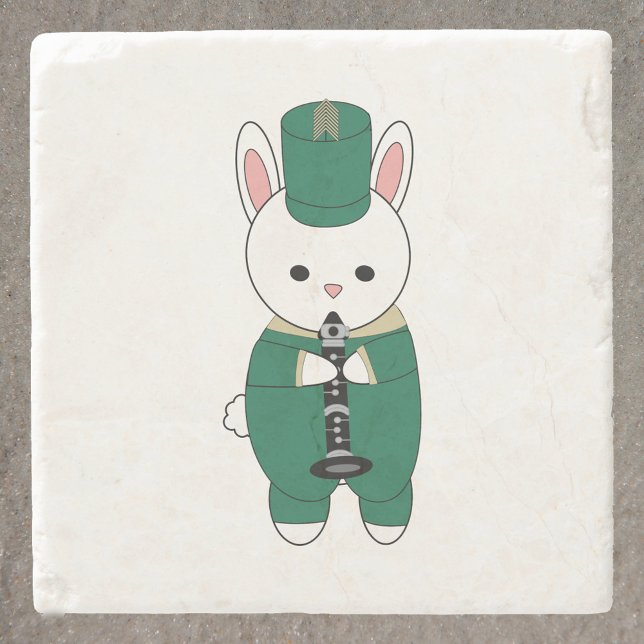 Clarinet Rabbit Marching Band Green Gold Steinuntersetzer (A coaster with a white rabbit playing the clarinet in green and gold.)