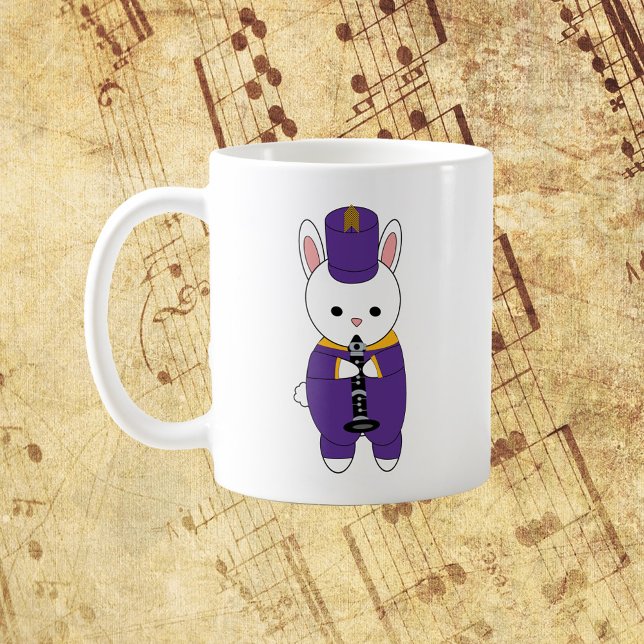 Clarinet Rabbit Marching Band Lila gelb Kaffeetasse (A mug featuring a clarinet playing bunny rabbit in a purple & yellow marching band uniform)