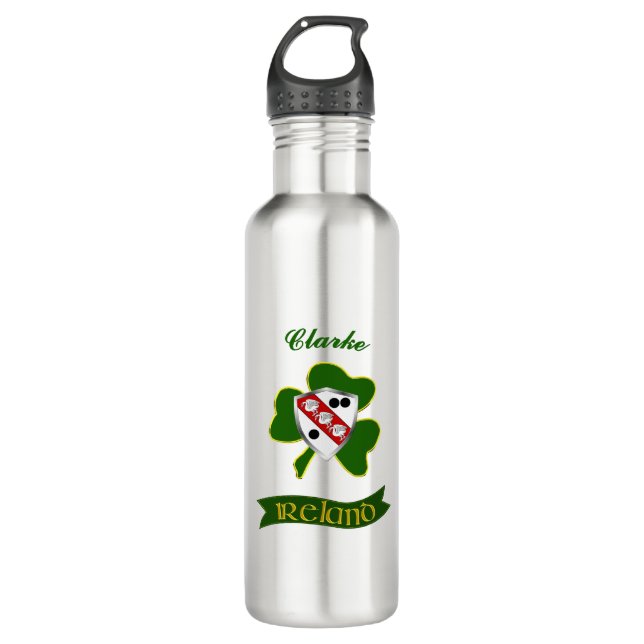 Clarke Irish Shield & Kleeblatt Personalisiert Edelstahlflasche (Vorderseite)