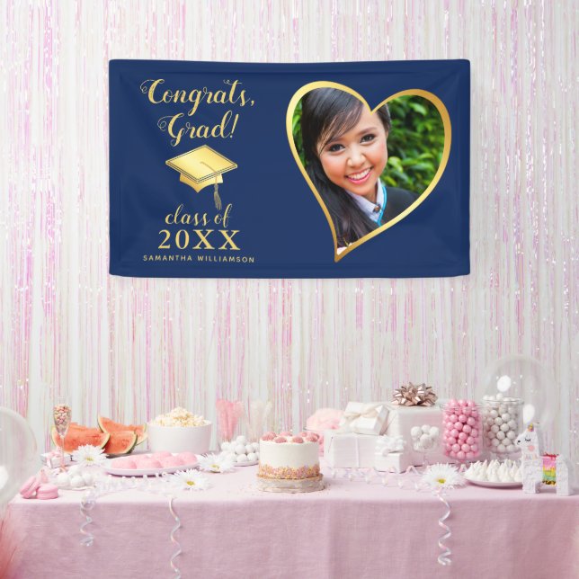 Class 2025 Foto Blue and Gold Abschluss Banner (Party)