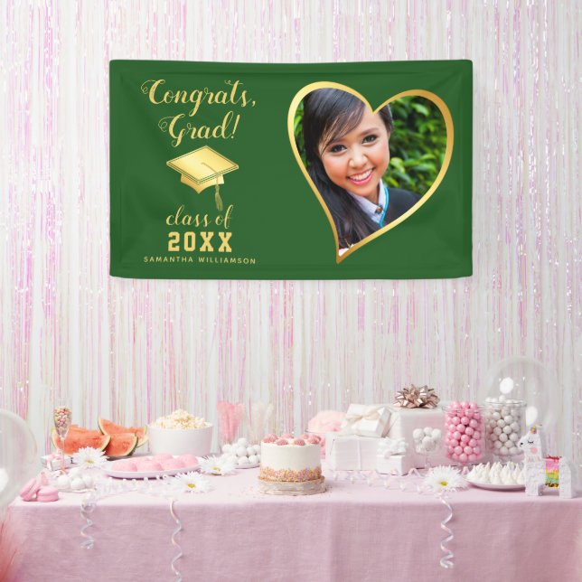 Class 2025 Grad Foto Green and Gold Abschluss Banner (Party)