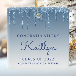 Class of 2022 Blue Glitter Drip Photo Graduation Keramikornament