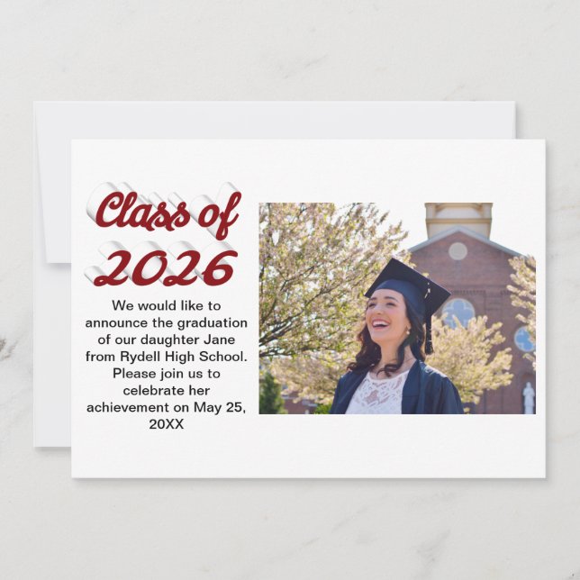 Class of 2026 burgundy script  graduation photo einladung (Vorderseite)