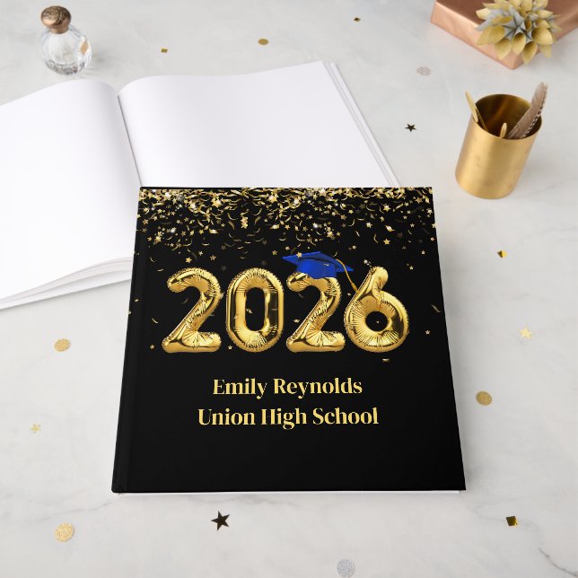 Class of 2026 Gold Balloons With Blue Cap Gästebuch (Vorderseite offen)