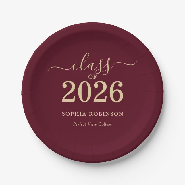 Class of 2026 Gold Burgundy Graduation Party Pappteller (Vorderseite)