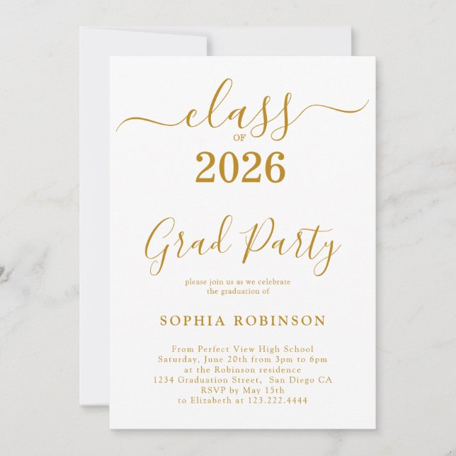 Class of 2026 Gold Script Modern Graduation Party Einladung (Vorderseite)