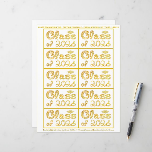 Class of 2026 Graduation Gold Tag Captions Paper (Vorderseite/Rückseite Beispiel)