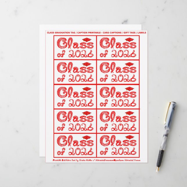 Class of 2026 Graduation Red Tag Captions Paper (Vorderseite/Rückseite Beispiel)